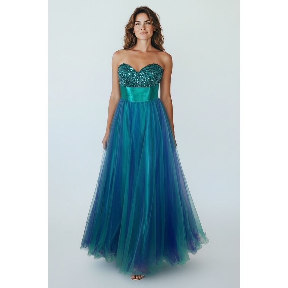 CECILY BROWN Strapless Beaded Bodice Pleated Waist Tulle Gown Teal Purple XS